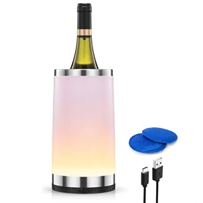 Afbeelding van Elrigs Wijnkoeler met oplaadbare Ambient RGB touchlamp, flessenkoeler 2 koelpads voor 750 ml champagne/wijn, ideaal als wijncadeau kronen/mannen, wijnaccessoires feest/diner