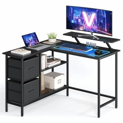 Afbeelding van VASAGLE L vormig bureau, 2 ruime lades, computerbureau met monitorstandaard, hoekbureau, speeltafel verstelbare plank 115 x 105cm ebbenhout zwart LWD097B56