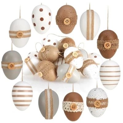 Afbeelding van COM FOUR® 18x Decoratieve paaseieren om op te hangen Natuurlijke paasdecoratie met leuke ornamenten touwtje Maat: 6 cm