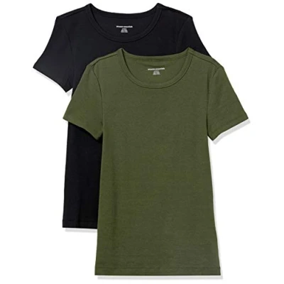 Afbeelding van Amazon Essentials Women&#039;s T shirt met korte mouwen en ronde hals in slanke pasvorm, Pack of 2, Donker olijfgroen/Zwart, XS