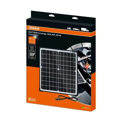 Afbeelding van OSRAM BATTERYcharge SOLAR 20W, onderhoudseenheid voor zonnebatterijen, 12V batterij opladen, waterdicht zonnepaneel, bescherming tegen omgekeerde polariteit