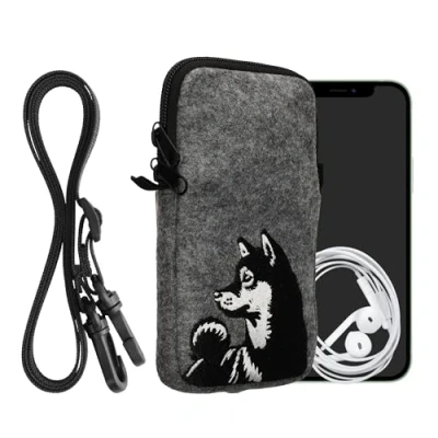 Afbeelding van kwmobile Tasje voor smartphones L 6,5&quot; Hoesje van vilt in zwart / wit grijs Phone case met nekkoord Shiba hond design