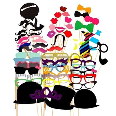 Afbeelding van CHSYOO 58 x foto rekwisieten, verkleden, accessoires, snor lippen, bril, stropdas, tabakspijp, hoeden, baarden, fotobooth, fotobooth accessoireset voor bruiloft, verjaardag, tuinfeest