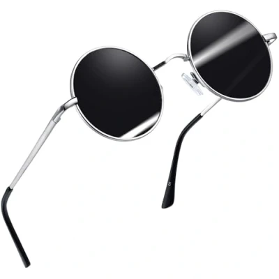 Afbeelding van Joopin Ronde Zonnebril Heren Dames Gepolariseerde UV Bescherming Vintage Metalen Frame Hippie Zonnebrillen Mannen Vrouwen (Zilver Zwart Lens)