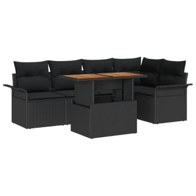 Afbeelding van vidaXL 6 Delige Tuin Sofa Set met Kussens Zwart Poly Rattan, 2 Zits Opbergruimte &amp; Rattan