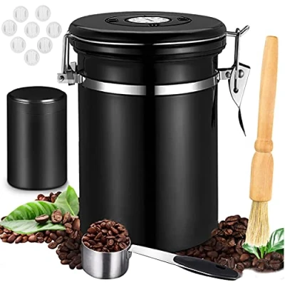 Afbeelding van JOYBOY Luchtdichte koffiebus,1.8L Koffie verzegelde pot+lepel+kleine theepot+5 ventielen,koffieboon opslag Koffiebus Luchtdicht,vacuümcontainer voor koffiebonen thee noten cacao Zwart