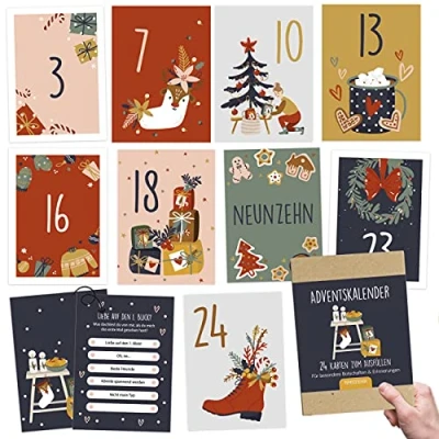 Afbeelding van Papierdrachen Kaartenadventskalender 2024, om te knutselen en cadeau geven voor koppels, 24 ansichtkaarten vorm geven, idee de periode vóór Kerstmis, met liefdevolle motieven