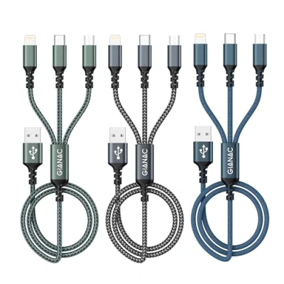 Afbeelding van Multi USB Kabel,GIANAC Universal Ladekabel [1.2M 3Pack] Schnell 3 in 1 Mehrfach Ladekabe Micro +USB C+ Lightning für iPhone15,14, Android Galaxy, Huawei, Oneplus, Sony, LG, Honor View