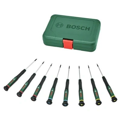 Afbeelding van Bosch precisie schroevendraaierset 8 dlg (schroevendraaiers extra hard S2 staal voor DIY, modelbouw en handwerk; magnetische precisiepunt; PH/TX/SL; maat in kleurcode; softgrip)