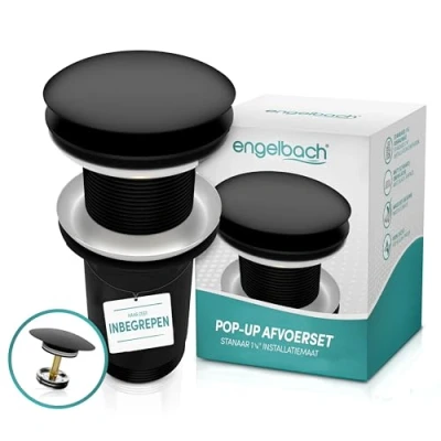 Afbeelding van Engelbach afvoergarnituur wastafel zonder overloop pop up incl. 4 afdichtingen afvoerventiel met video universeel voor alle soorten wastafels mat zwart