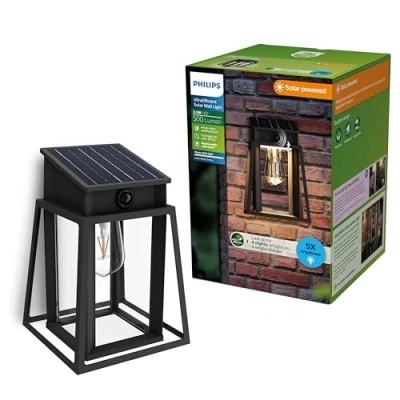 Afbeelding van Philips Lysin Wandlamp UltraEfficient LED Solar buitenlamp Warmwit licht 2700K Zwart Rechthoekig ontwerp Bewegingssensor Zonne energie Schemersensor