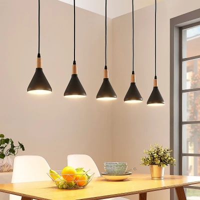 Afbeelding van Lindby hanglamp 5 lichts metaal, hout E14 zwart, licht
