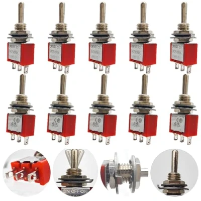Afbeelding van CESFONJER Mini tuimelschakelaar, AC 125 V 6 A / 250 2 SPDT ON OFF ON, 3 pins, standen, vaartuigen, instrumentenbord, rood, 10 stuks