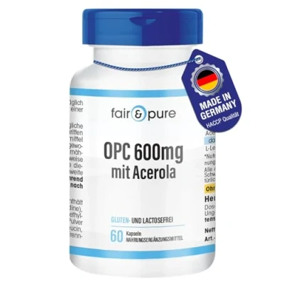 Afbeelding van Fair &amp; Pure® OPC 600mg met acerola vegan hoge dosering druivenpit extract natuurlijke vitamine C zonder magnesiumstearaat 60 capsules