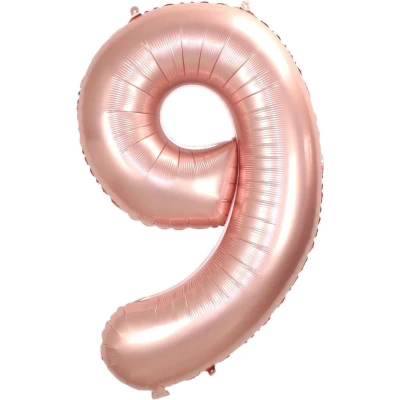 Afbeelding van Folie Ballon Cijfer 9 Jaar Rosé Goud 36Cm Verjaardag Folieballon Met Rietje