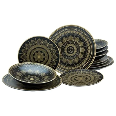 Afbeelding van CreaTable, 23588, serie Mandala Gold zwart, 12 delige serviesset, bordenset van aardewerk, vaatwasser en magnetronbestendig, kwaliteitsproductie