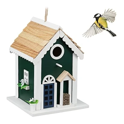 Afbeelding van Relaxdays vogelhuisje, nestkastje voor tuinvogels, hangend, HBD 25,5 x 18,5 cm, vogelvilla van hout, meerkleurig