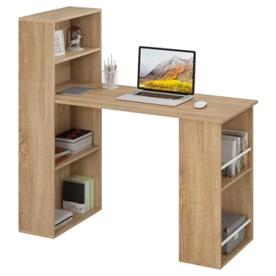Afbeelding van eSituro bureau met planken, computertafel plank, boekenkast, tafel opbergvakken, boekenplank, 122 x 55 120 cm, licht hout