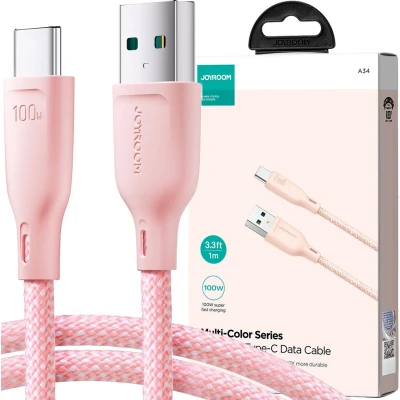 Afbeelding van Joyroom Multi Color Series SA34 AC6 USB A/USB C Kabel 100W Snelle Overdracht 1m Roze