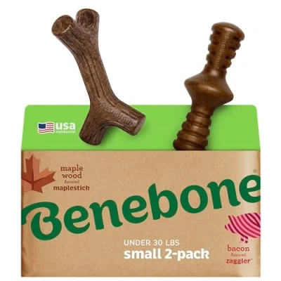 Afbeelding van Benebone 2 pack onverwoestbare esdoornstok/zaggler voor agressieve kauwers, langdurige taaie verveling breker honden, echte spek en esdoornhoutsmaak, kleine gemaakt in de VS.