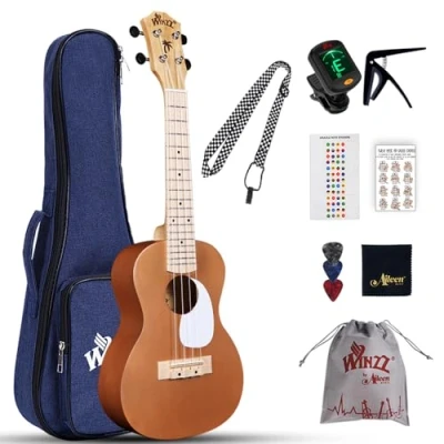 Afbeelding van Winzz Ukelele Volwassen Beginners Set, Concert 23 inch, Kinderen Kit met 9 Accessoires (Kleur: Bruin, Hout)