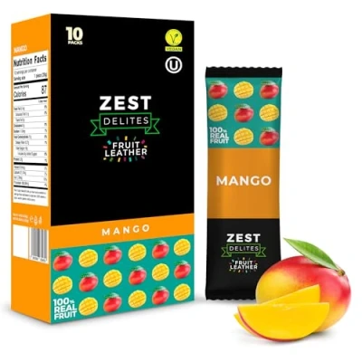 Afbeelding van ZEST Delites Fruit Roll Ups Mango, Fruitleer Snoepjes, Gezonde Snack, 25g Pak van 10, Vegetarische Lunchbox Snacks Bulk, Fruitrepen