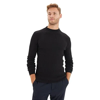 Afbeelding van Trendyol Mannen Standaard mouw Basis Zwarte heren nauwsluitende corduroy gebreide trui met halve coltrui.