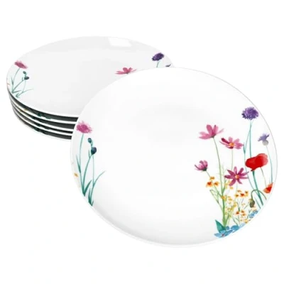 Afbeelding van MamboCat Marie Set van 6 platte borden, diameter 26,7 cm, porseleinen eetborden met bloemenweide decoratie voor personen, grote borden hoofdmaaltijden, grillen enz.