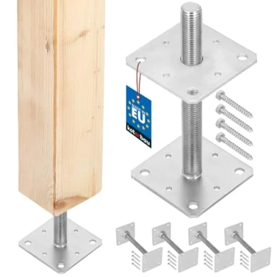 Afbeelding van KOTARBAU® Set van 4 Paaldrager, in hoogte verstelbaar, 110 mm x 250 mm, schroefdraad M24 verzinkt, steunpoot, paaldrager om vast te schroeven, betonvoet, regelbaar, steunpalen,