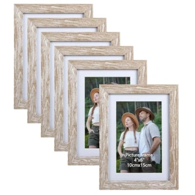Afbeelding van EYMPEU Fotolijst 10x15 cm set van 6, geschikt voor foto&#039;s met passe partout of 13x18 zonder partout, muur en tafel, beige