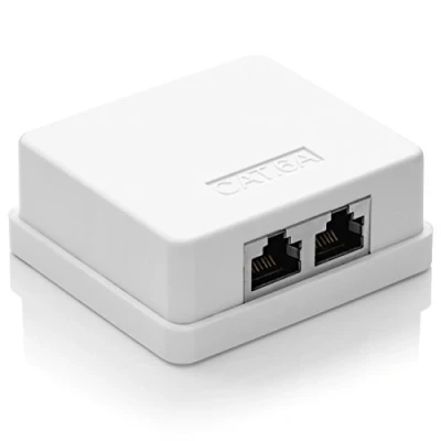 Afbeelding van deleyCON 1x CAT 6a Netwerkdoos 2x RJ45 Bus FTP Afscherming Opbouwmontage 10 Gbit Ethernet Netwerk LAN Doos RAL 9003 Wit