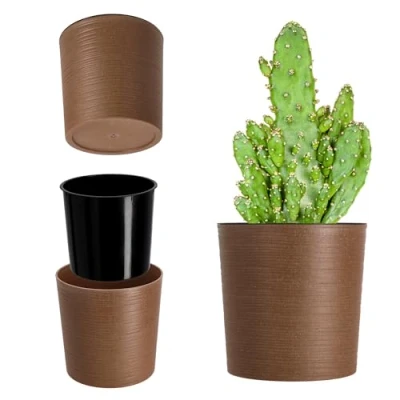 Afbeelding van KADAX bloempot met houtspaanders, elegante inzet, pot, tuinkom, bloembak, bloempotbescherming voor woonkamer, kantoor, ⌀ 30 cm, bruin