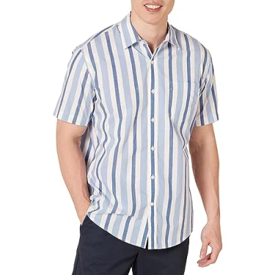Afbeelding van Amazon Essentials Men&#039;s Poplin overhemd met normale pasvorm en korte mouwen, Blauw Wit Streep, L