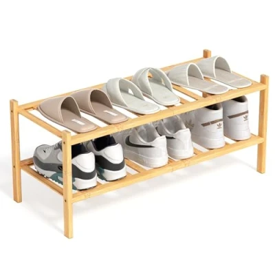 Afbeelding van BAM BOO BOX Bamboe Schoenenrek 2 Niveau Schoenenkast 68 x 28 32 cm bamboerek Schoenenstandaard ideaal voor Hal, Woonkamer en Gang (Bamboe)