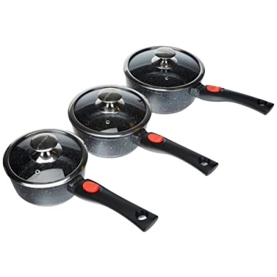 Afbeelding van Kamberg Set Van 3 Steelpannen Met 16/18/20 Cm Afneembare Handgreep Gegoten Aluminium Coating In Steen Look Glazen Deksels Voor Alle Warmtebronnen, Ook Inductie Pfoa Vrij, Grijs