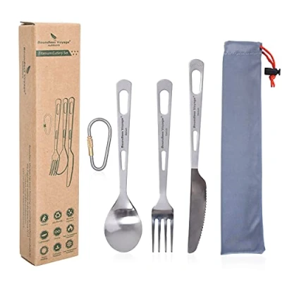 Afbeelding van iBasingo Titanium Bestek Set Camping Diner Vork Lepel Mes Klein Servies Lichtgewicht Draagbare Picknick Wandelen Outdoor Reizen Keuken Kantoor Gebruiksvoorwerpen Metalen met Haak