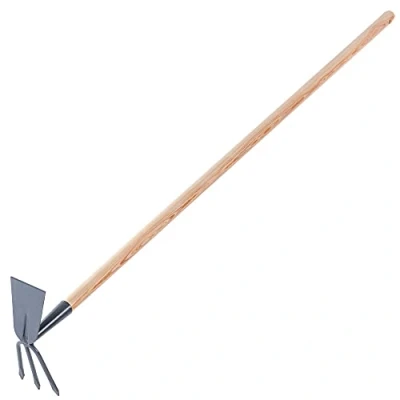 Afbeelding van KADAX hak van metaal, tuinhak met lange steel hout, dubbele voor tuin het losmaken, luchten en wieden de grond, onkruidhak (lang, rechthoek 3 tanden, houten steel)