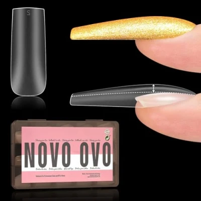 Afbeelding van NOVO OVO Geprefabriceerde Apex vierkante nageltips voor platte nagels, heldere, volledige acrylnagelpunt om op te drukken, vooraf aangebrachte tipprimer en basislak, dikte 15 maten, 150 stuks