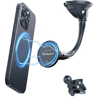 Afbeelding van PROfezzion Mag Safe Car Mount, Zuignap Voorruit Dash &amp; Vent Clip Combo Magnetische Houder voor iPhone 15 Plus Pro Max 14 13 12 Samung Galaxy A12 MagSafe Hoesje [MagSafe Ring inbegrepen]