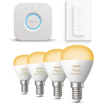 Afbeelding van Philips Hue Starterspakket White Ambiance Kogellamp E14 4 Lampen, Bridge en Dimmer Switch Eenvoudige Installatie Werkt met Alexa Google Home