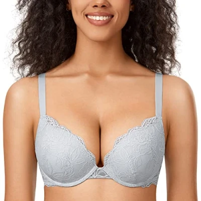 Afbeelding van DOBREVA Vrouwen Push Up BH Met Kant Gevoerde Plunge Beugel Volledige Cup Buste Voorgevormde Cups Opaalgrijs 85B
