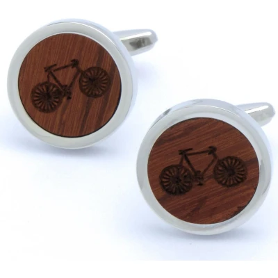Afbeelding van Manchetknopen Zilver Rond met Hout en Gefreesde Fiets