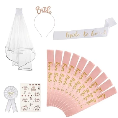 Afbeelding van Domkan vrijgezellenfeest voor vrouwen, 15 stuks Bride to Bee en Team sjerpset met 10 sjerp, 1 bruidssjerp, Be decoratieve sluier