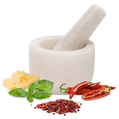 Afbeelding van H&amp;S vijzel met stamper set Ø 8,5 cm Keuken accessoires Vijzels om kruiden noten of medicijnen te malen Maak pesto guacamole Wit marmer