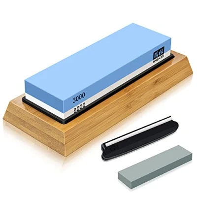 Afbeelding van SHAN ZU Slijpsteen, wetsteen voor professioneel 2 in 1, dubbelzijdige messenslijper, korrel 3000/8000, met antislip siliconenhouder keukenmessen