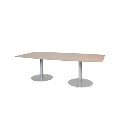 Afbeelding van Linesto 240x120cm tonvormige vergadertafel op vaste hoogte (74cm) met havana/ kersen licht 25mm blad en aluminium (RAL9006) trompetvoeten