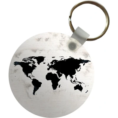 Afbeelding van Sleutelhanger Wereldkaart Zwart Hout Plastic Rond Uitdeelcadeautjes