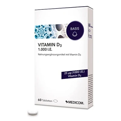 Afbeelding van Medicom vitamine D3 1.000 IE tabletten, voedingssupplement, immuunsysteem versterken, hoge dosis D3, sterke botten en tanden, optimale opname, 25 µg per tablet 60 tabletten