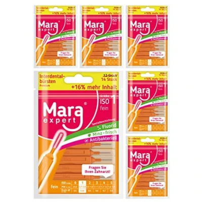 Afbeelding van MARA EXPERT interdentale borstels, 0,45 mm, ISO 1 fijn, 6 verpakkingen van 12 + 2 tanden, tandenreinigingsborstels voor frisse muntsmaak, chloorhexide en fluoride