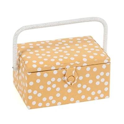 Afbeelding van Hobby Gift Exclusieve medium naaidoos, knutseldoos, accessoirelade, speldenkussen, PVC handgreep, 18,5 x 25,5 14,5 cm, gele stippen